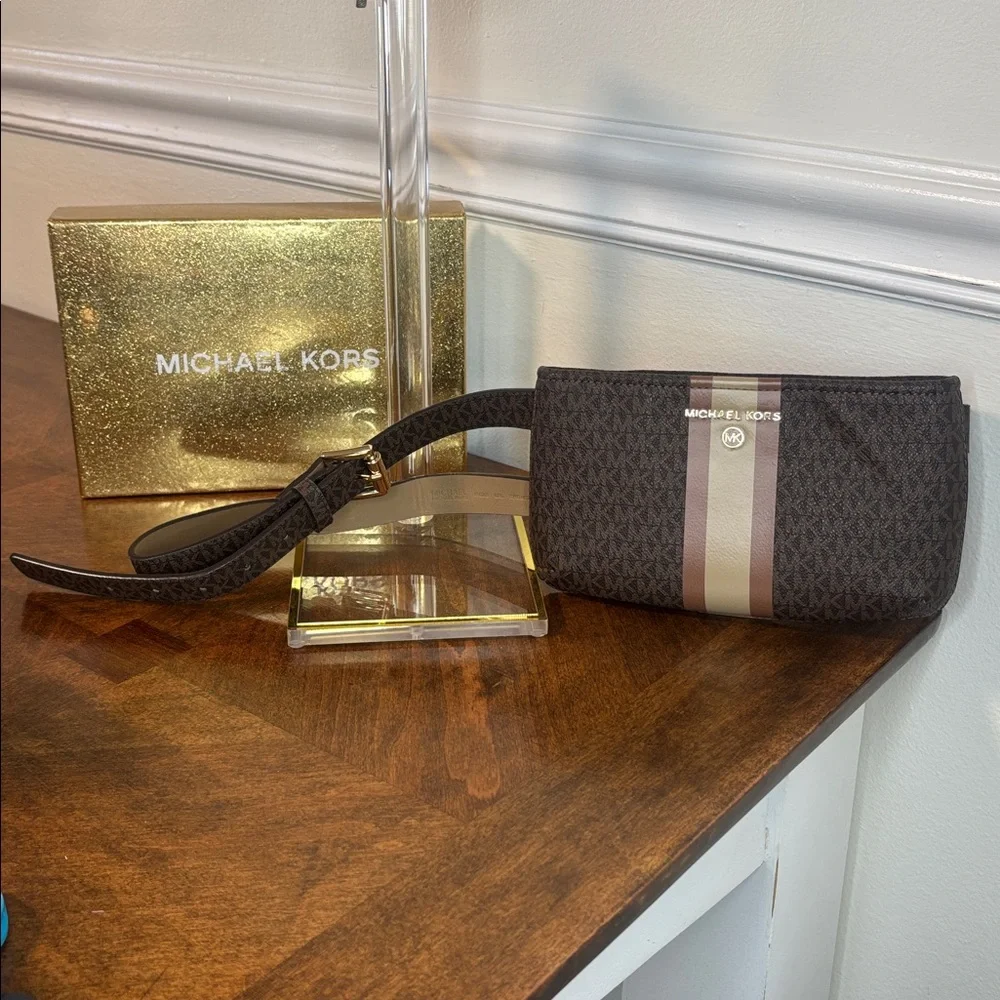 Michael Kors Monogram Crossbody Bag Brown Stripe Adjustable Belt Bag MK Signatu
